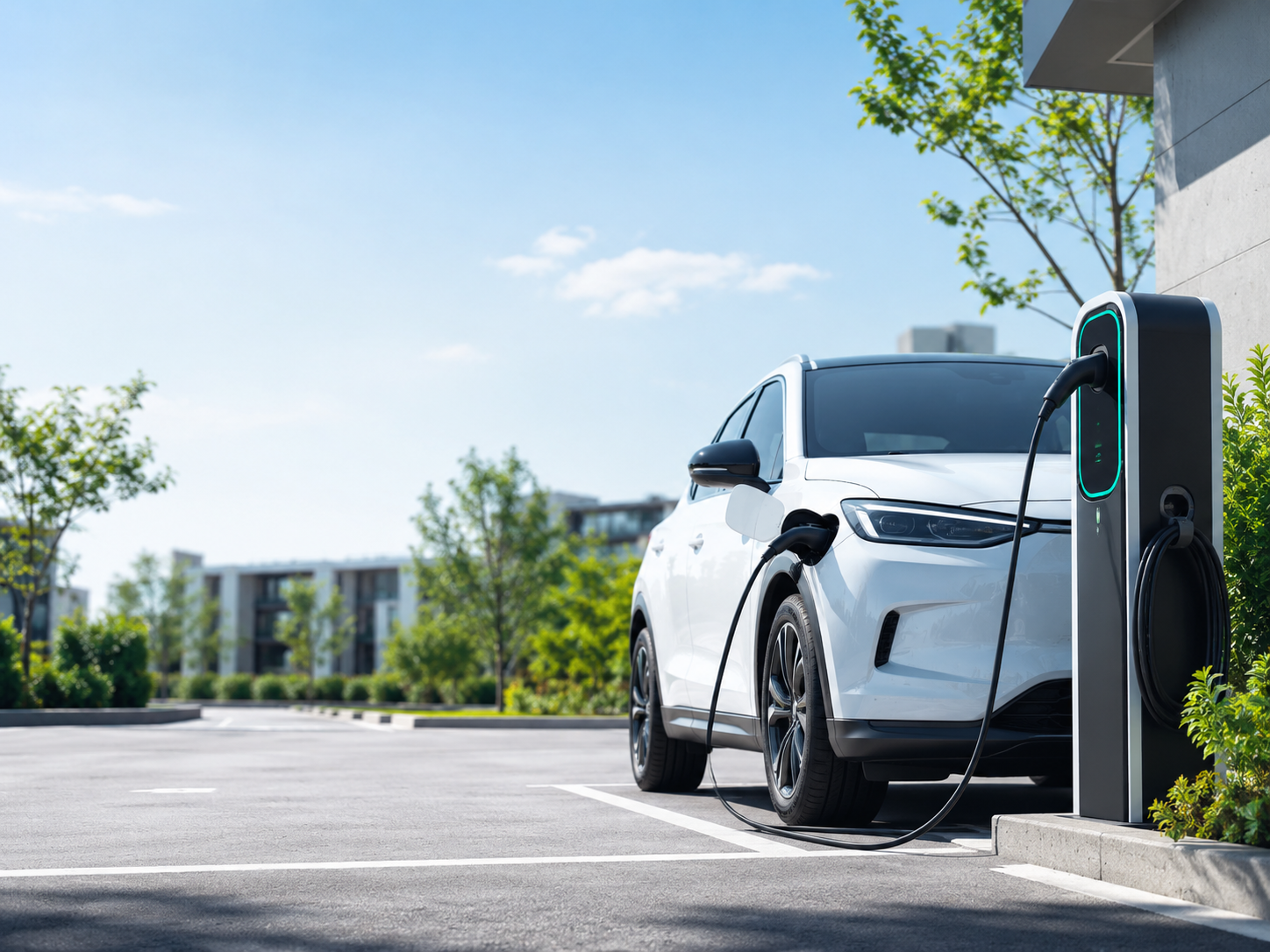 EV充電器を充電中の電気自動車｜EV充電器設置工事ナビ
